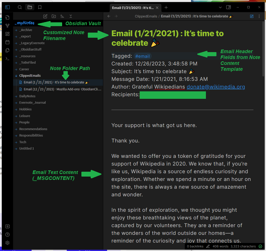 This is what a clipped email message looks like in Obsidian. The location for the note, the format of the file name, and the format of the note itself are all customized via the "Options" tab..