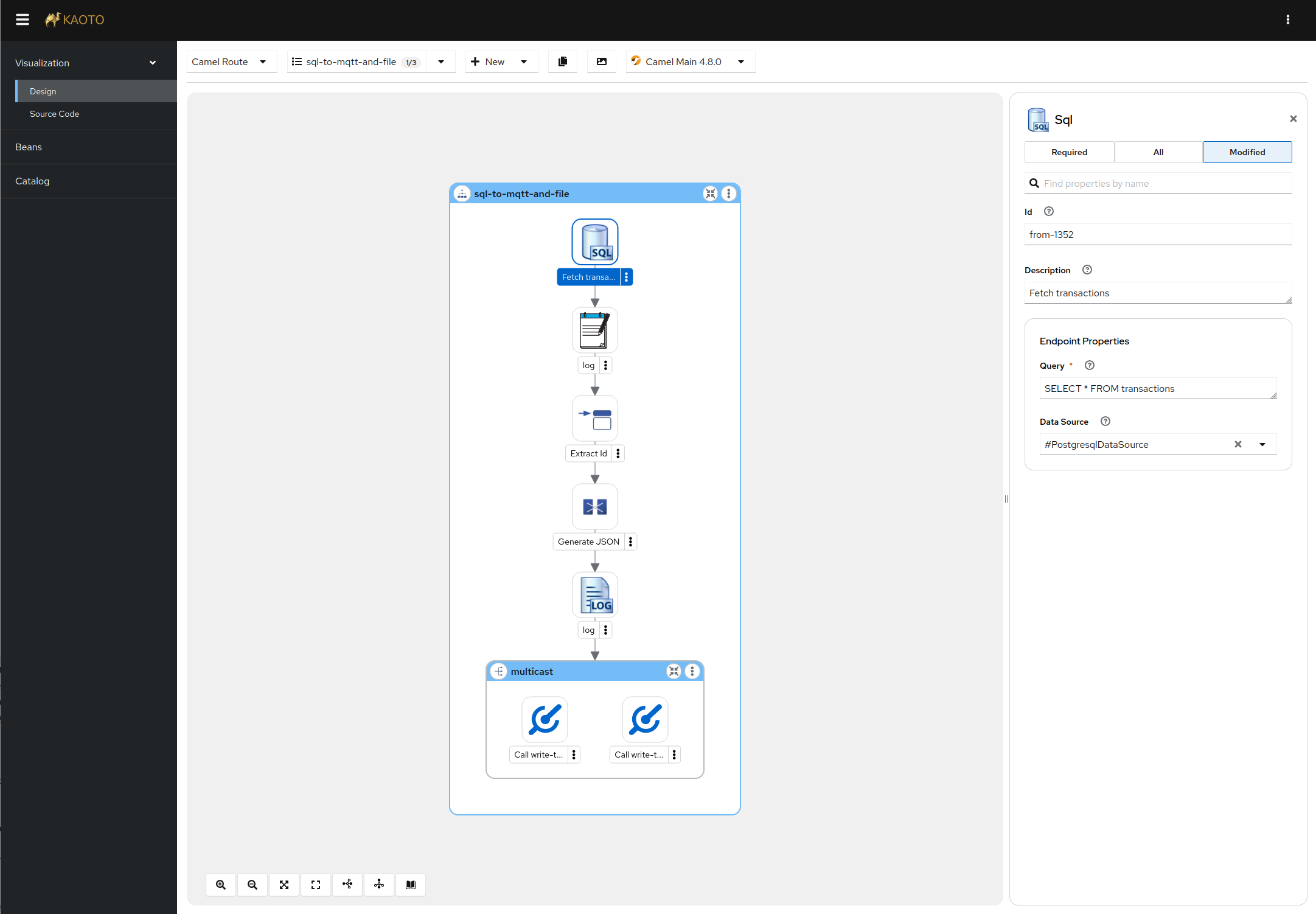 A picture showing the Kaoto graphical editor showing an integration with the configuration panel opened