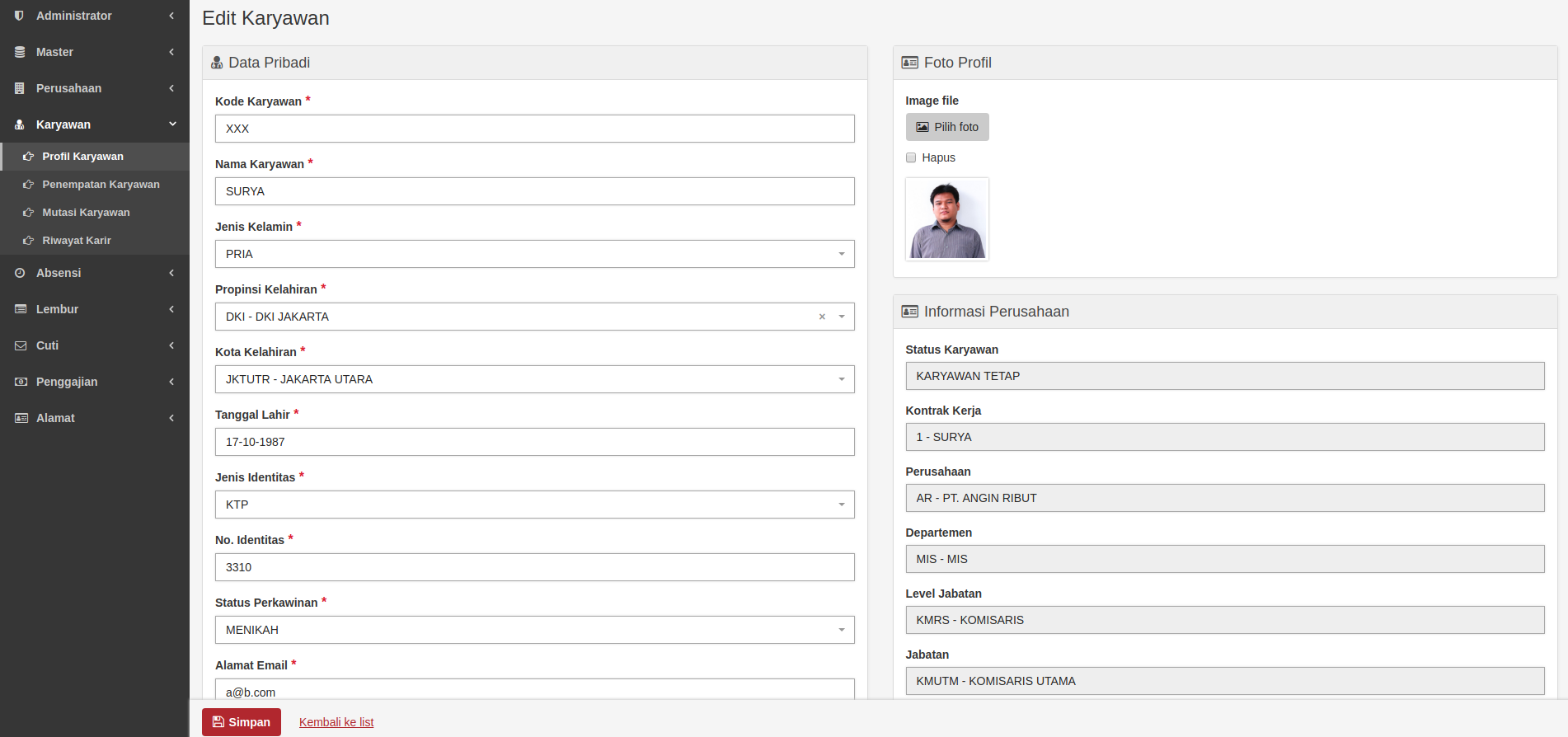 SemartHris Profil Karyawan Preview