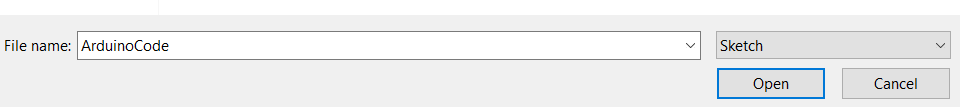 Open the Arduino IDE, then select Open. Select the ArduinoCode.ino file