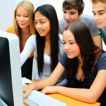 Five young students looking at a monitor - image by DALLE2