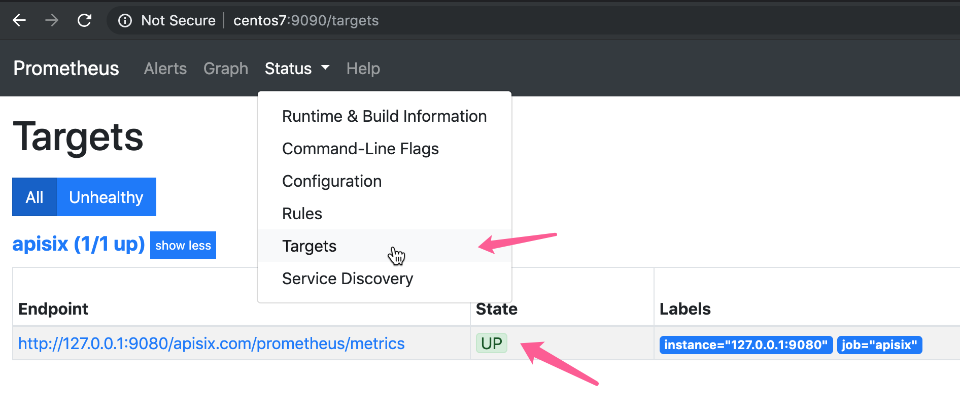 checking status on prometheus dashboard