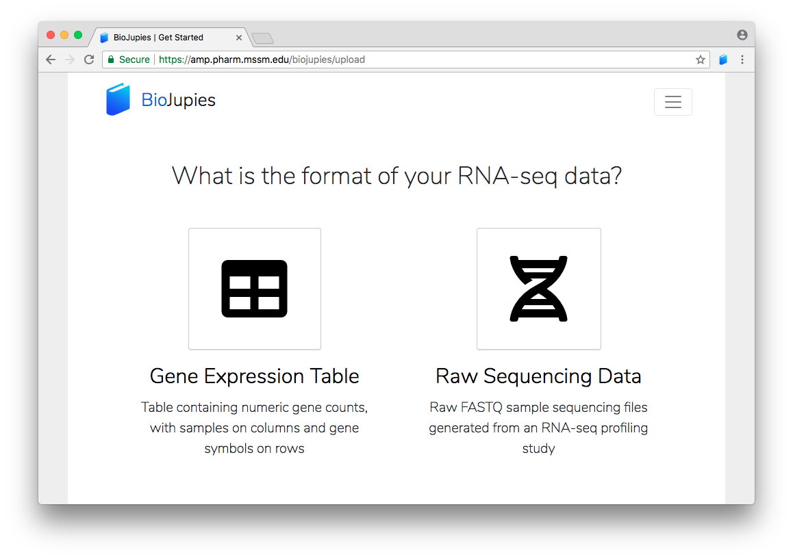 Screenshot of the BioJupies upload page.