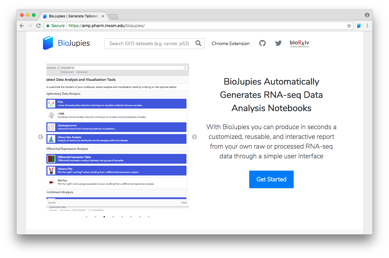 Screenshot of the BioJupies website landing page.