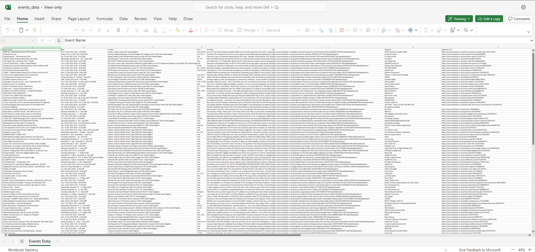 event data exported to excel