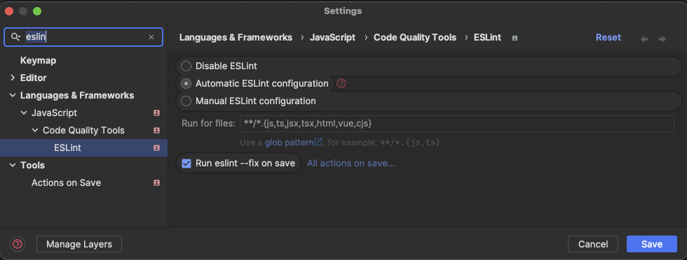 Rider ESLint settings