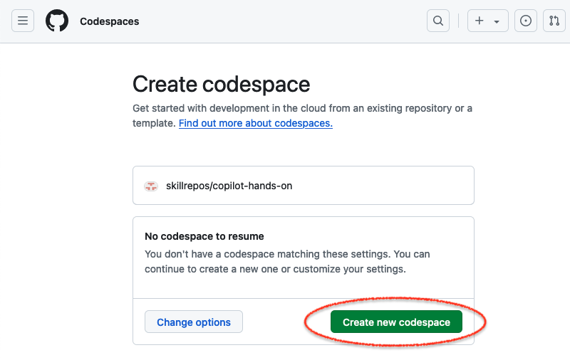 Creating new codespace from button