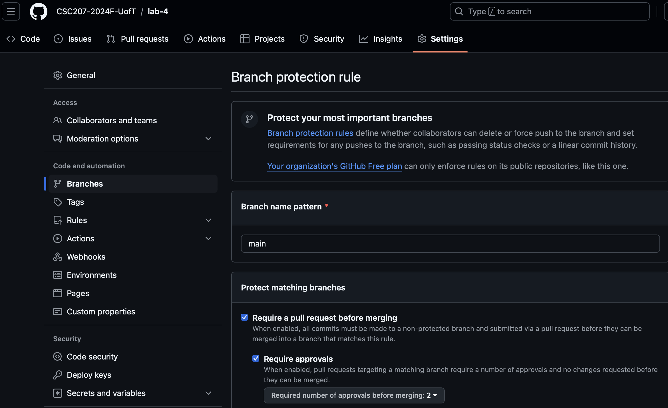 image of branch protection rules for main with the requirement of two approvers to merge in pull requests. 