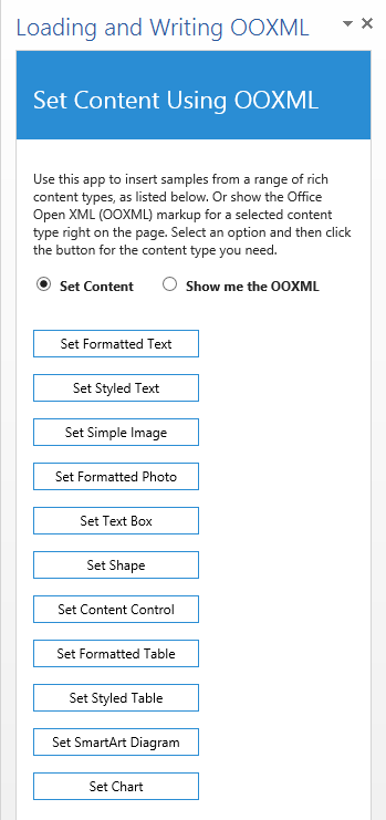 Figure 1. The Loading and Writing OOXML task pane