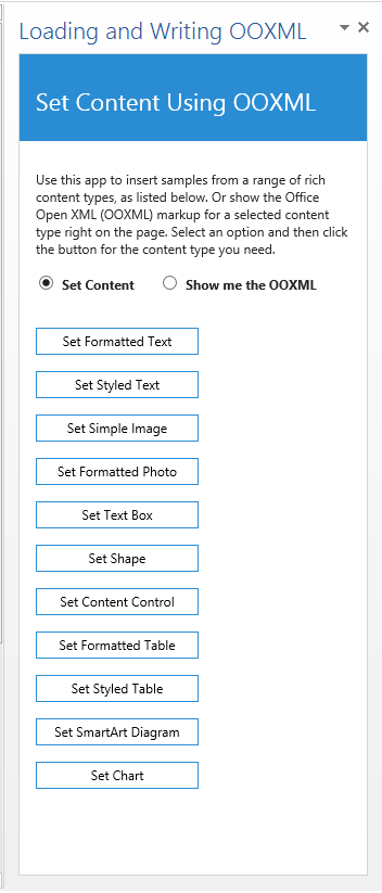 Figure 2b. Task pane appearance after using the 'Get…' button to extract Office Open XML for selected content