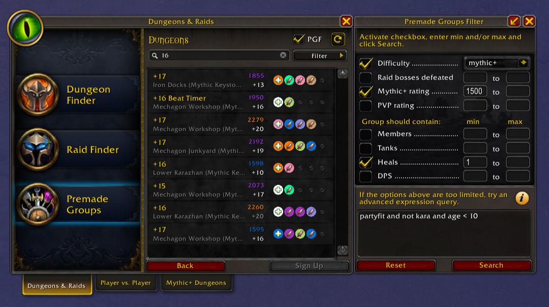 Premade Groups Filter next to the LFG Premade Groups window filtering for all mythic dungeons that still need a tank and already have a healer