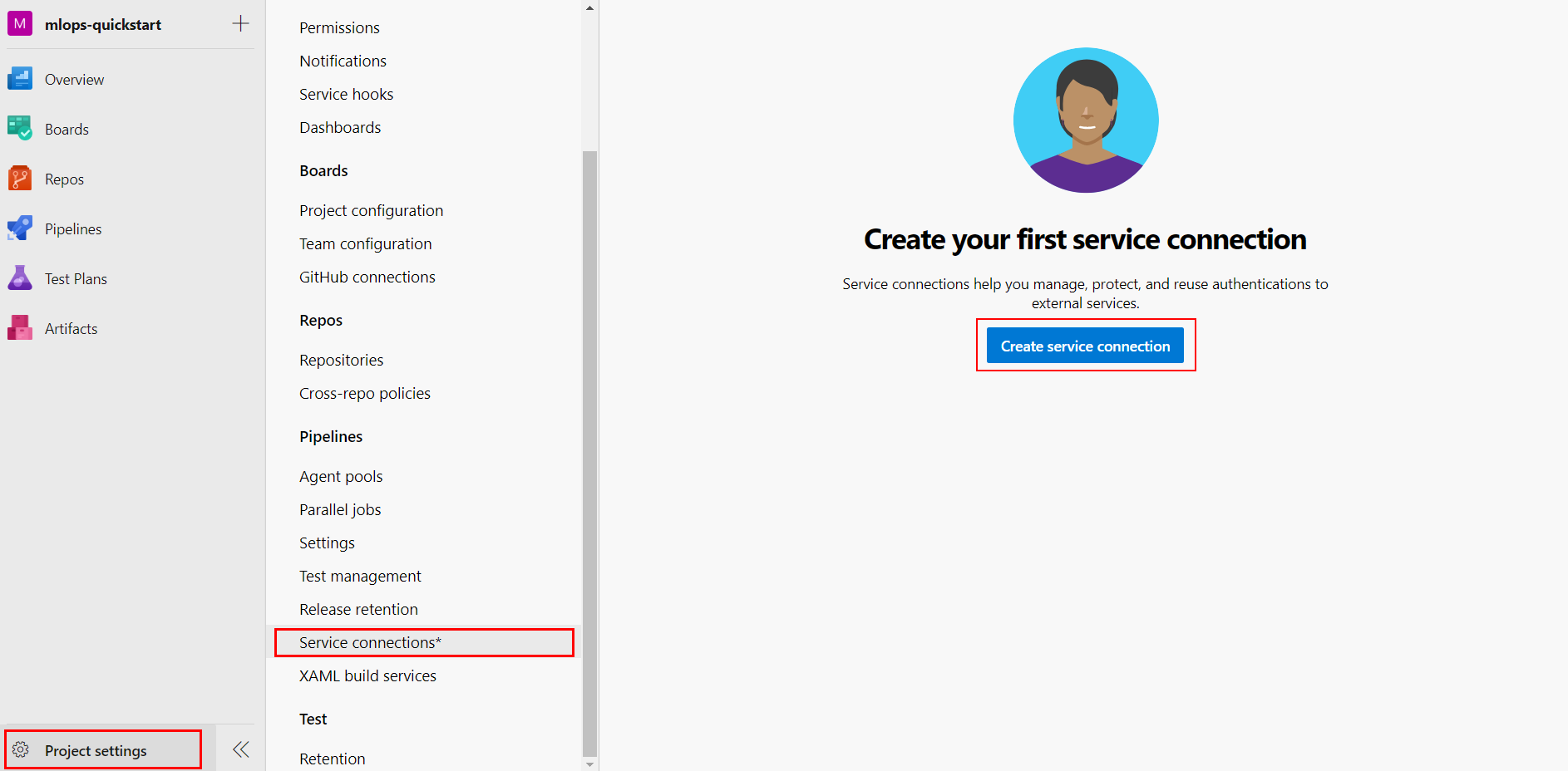 Navigate to Project Settings, Service connections section.