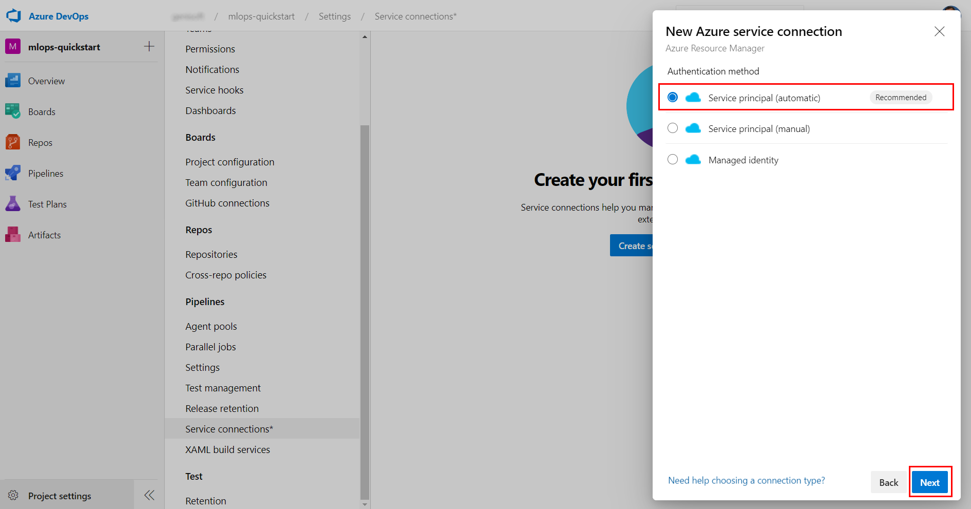 Select Service principal (automatic), and then select Next.