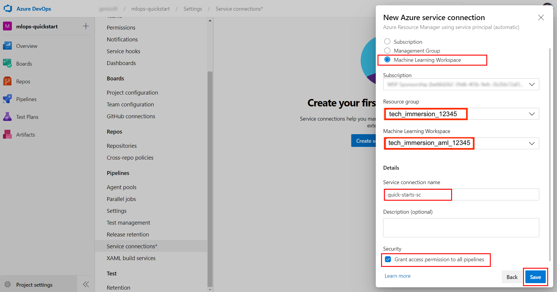 Provide connection name, Azure Resource Group, Machine Learning Workspace, and then select Save. The resource group and machine learning workspace must match the value you provided in the YAML file.