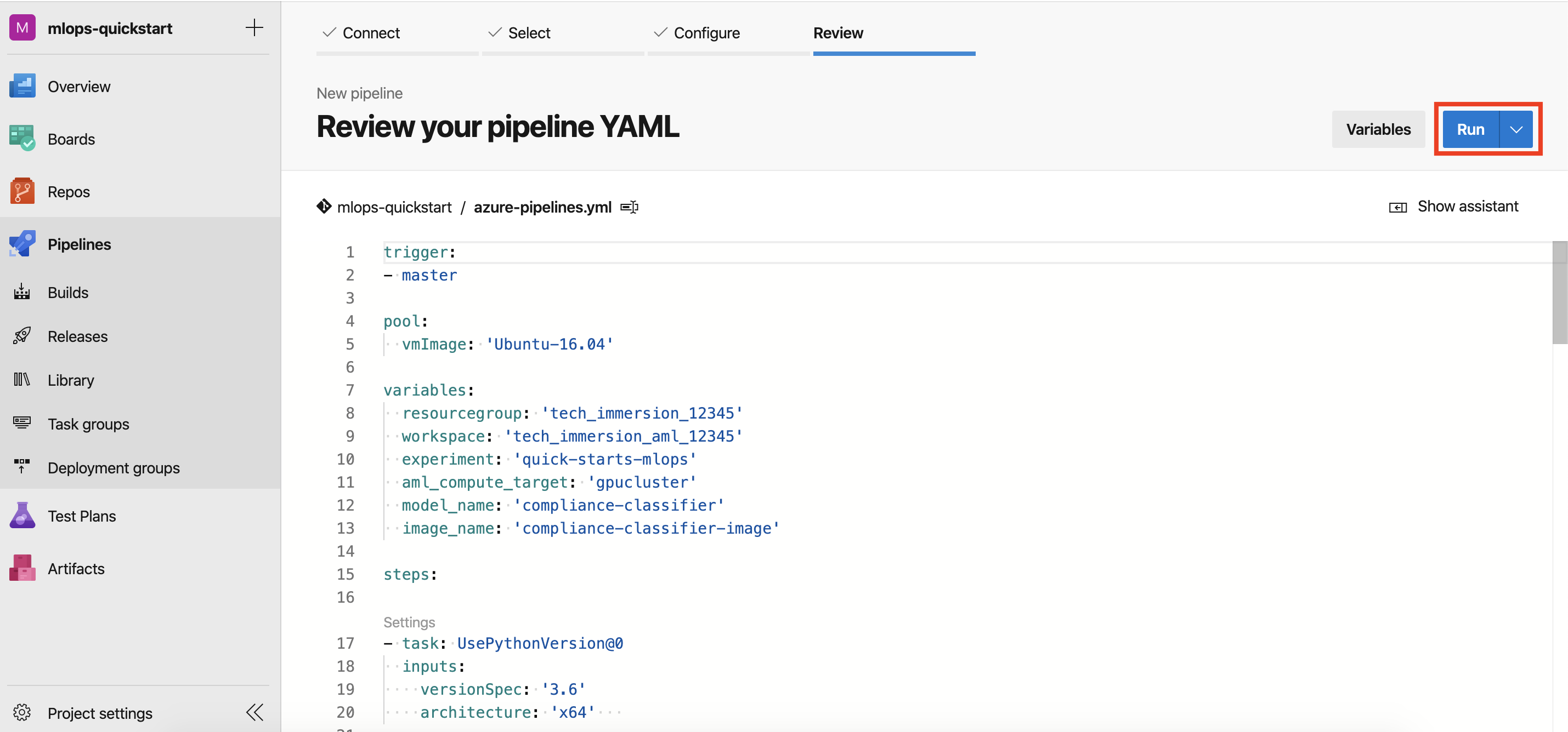 Start the run for your build pipeline.