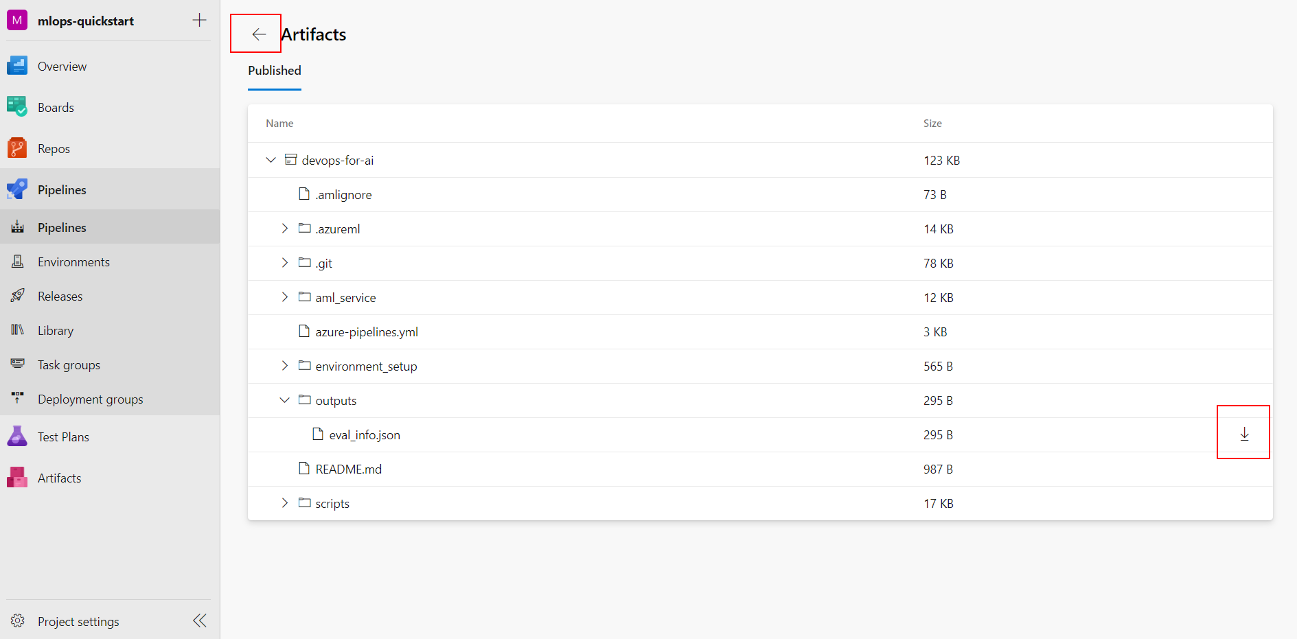 Download output from the model evaluation step.