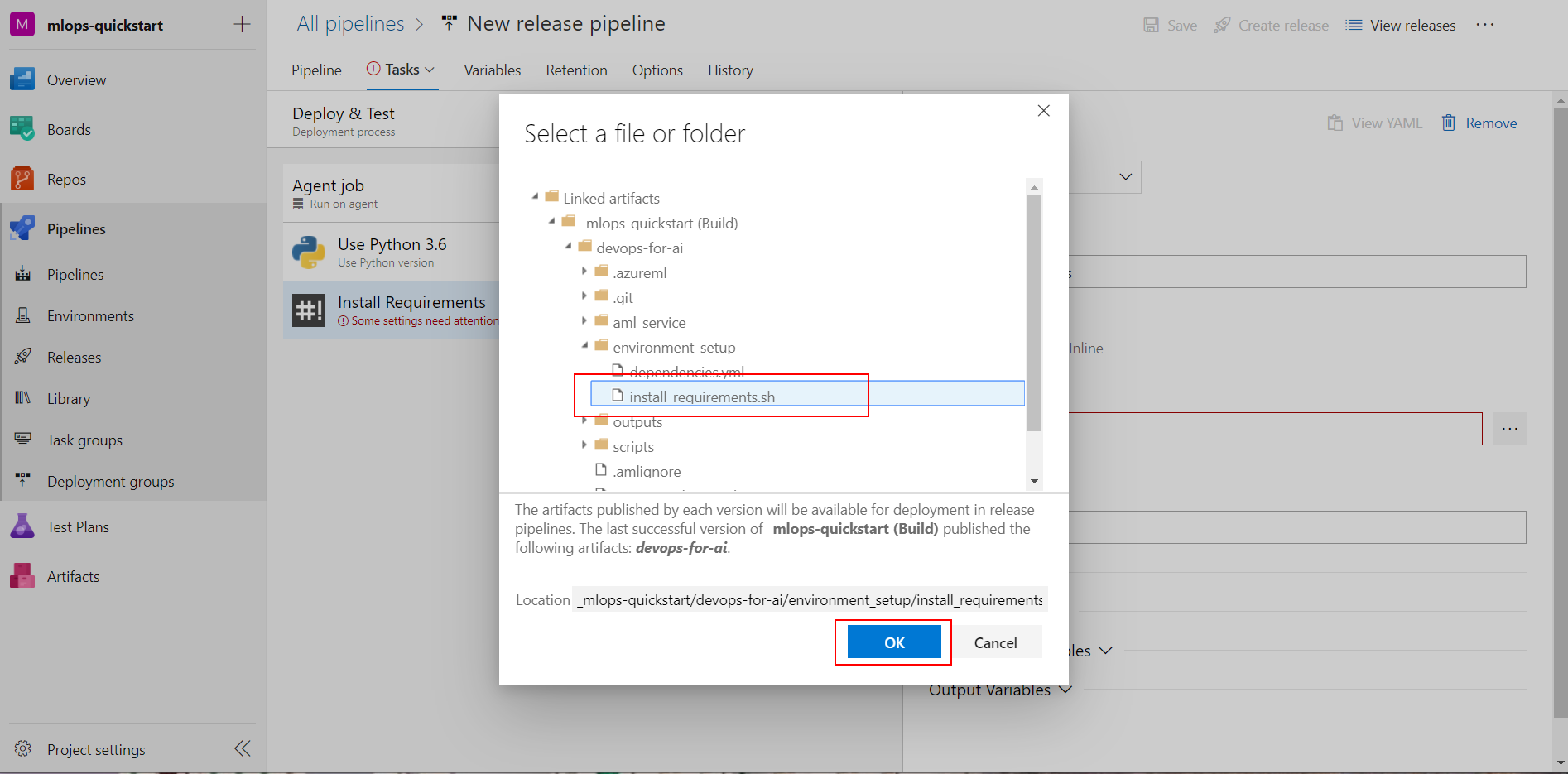 Provide Script Path to the Install Requirements bash file.