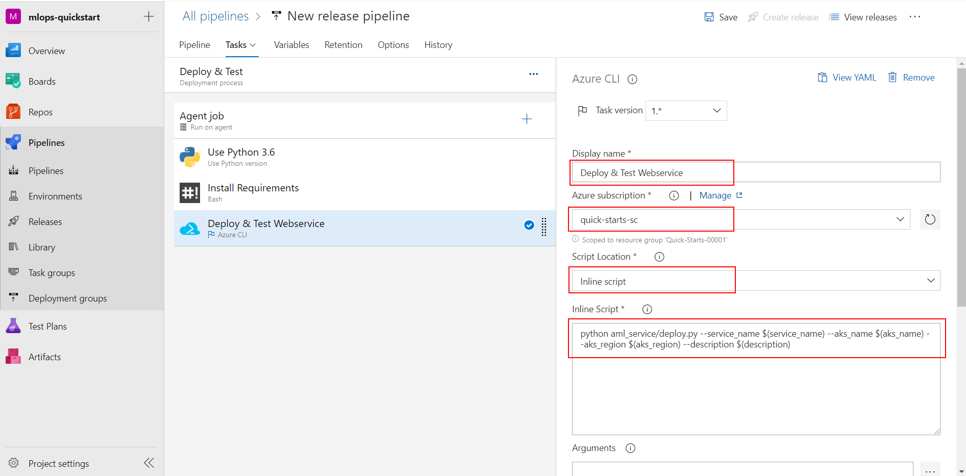 Setup the Azure CLI task using the information above.