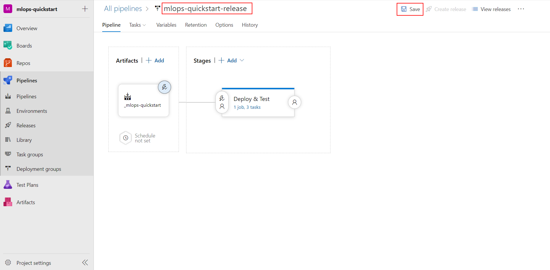 Provide name for the release pipeline and select save.