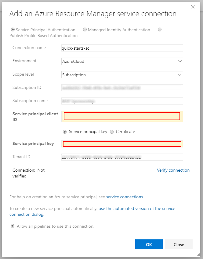 Azure DevOps new service connection experience fix - full dialog values