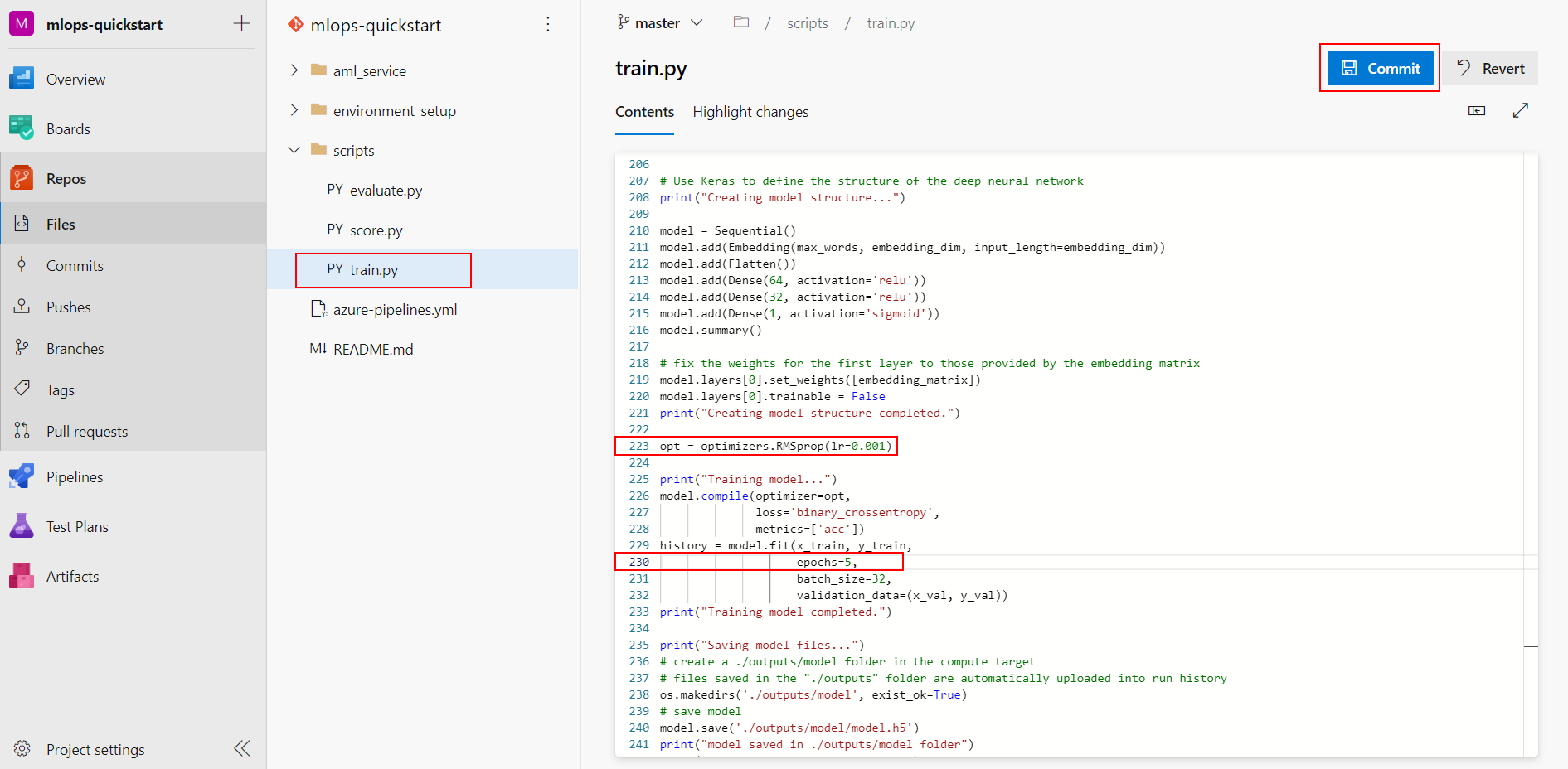 Make edits to train.py by changing the learning rate. Select Commit after editing.