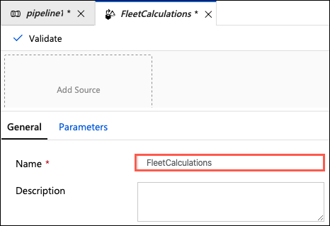 The name FleetCalculations is entered in the name field on the new data flow General tab.