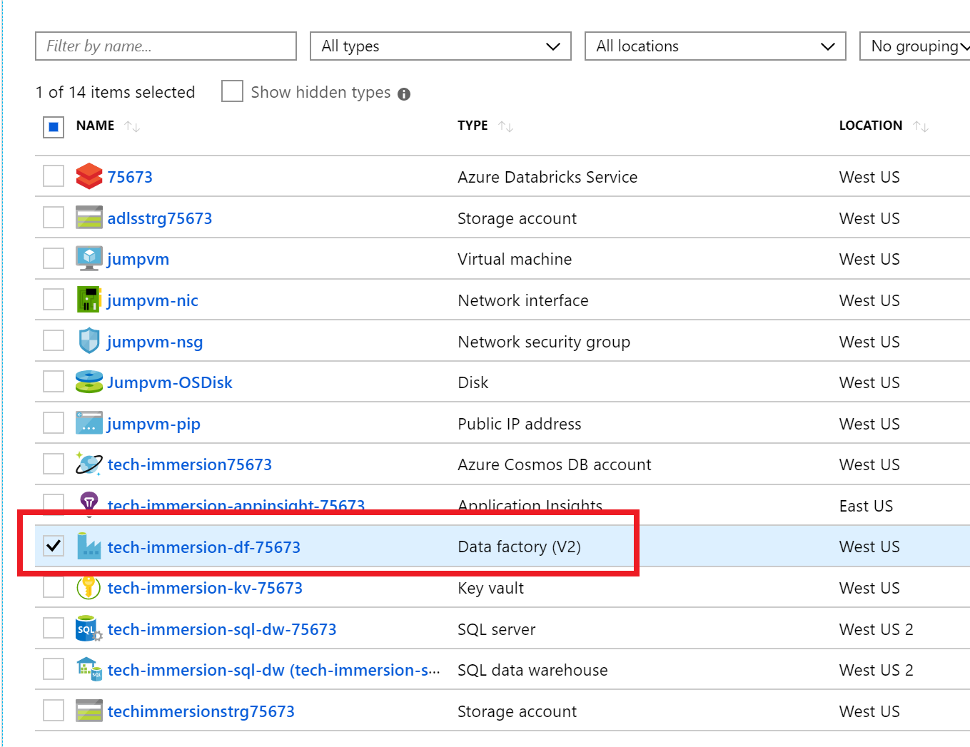 The Data Factory resource is selected from the list of resources in the tech-immersion resource group.