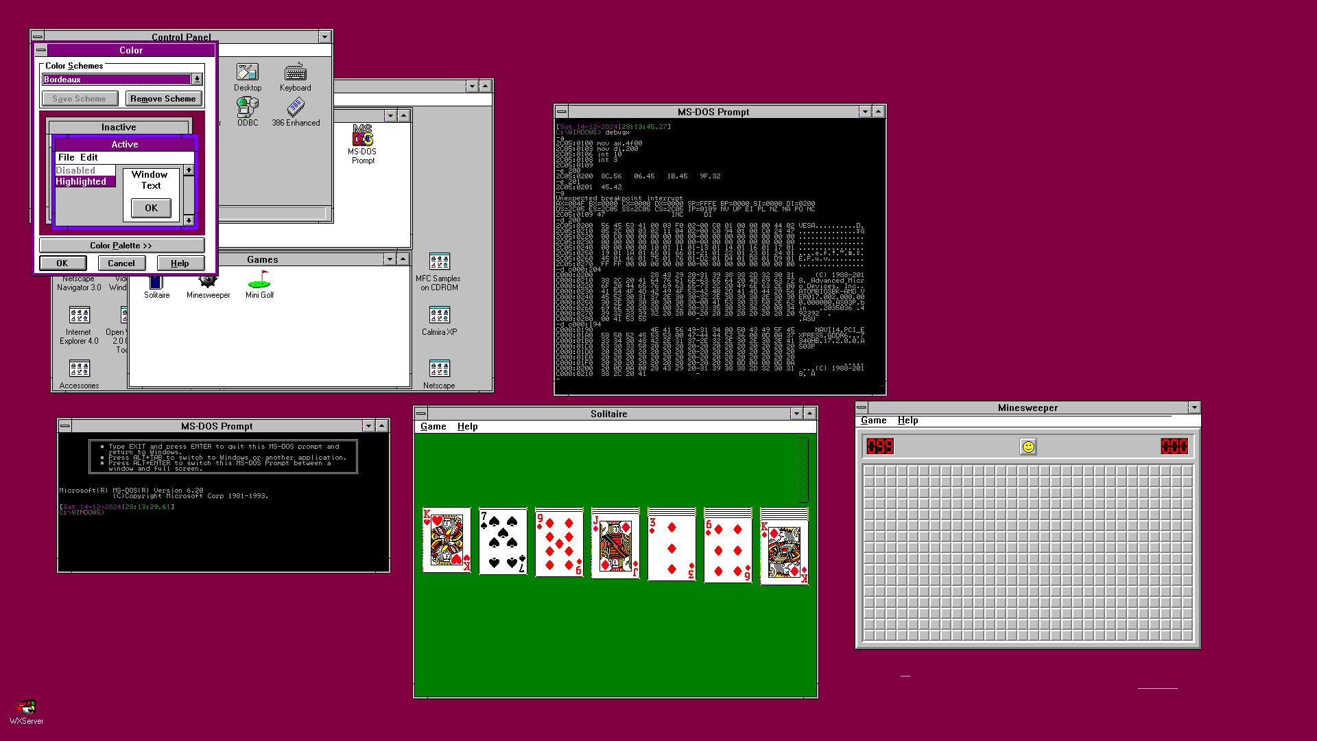 True-Colour Full HD screenshot of Windows 3.1 desktop showing colour settings (on "Bordeaux"), Program Manager, two MS-DOS prompts of different sizes, Solitaire and Minesweeper