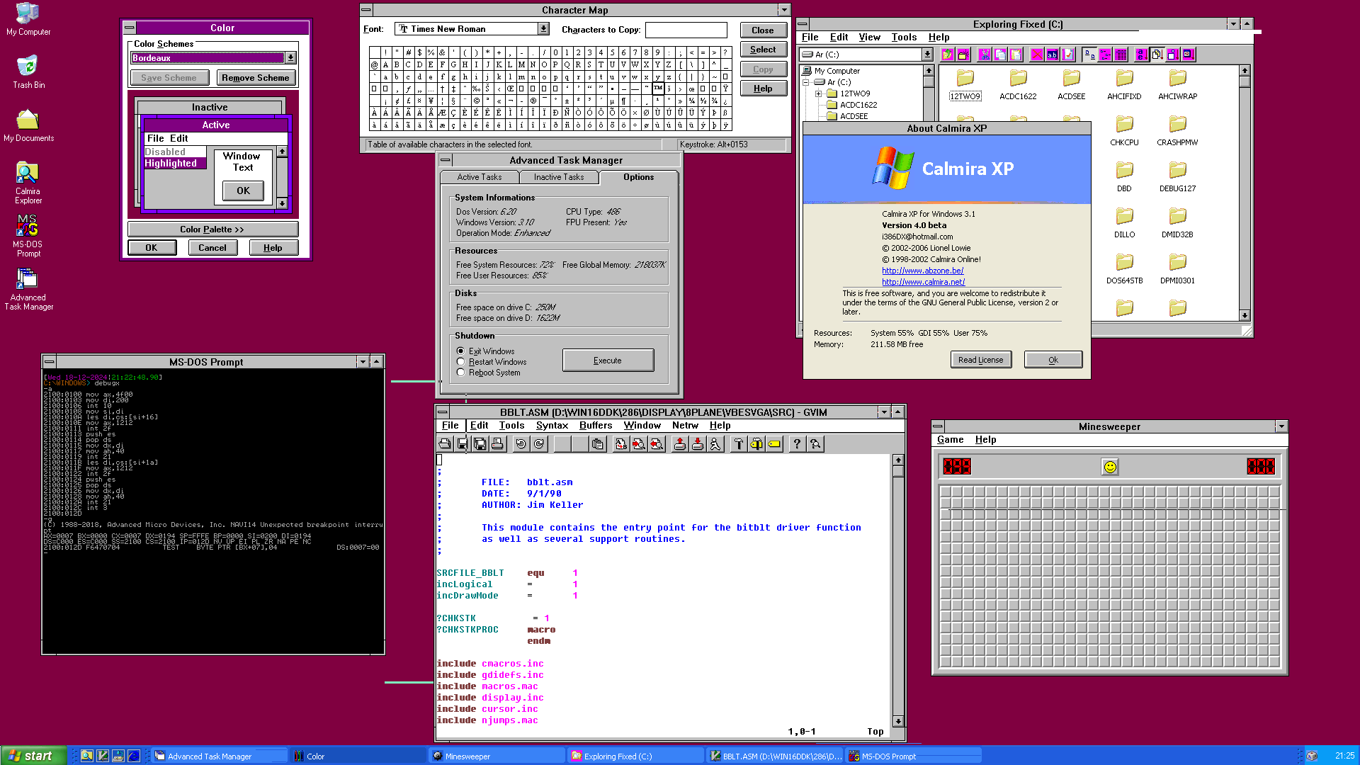 True-Colour Full HD screenshot of Calmira XP shell showing colour settings (on "Bordeaux"), Character Map, Advanced Task Manager, Calmira Explorer, an MS-DOS prompt, GVim and Minesweeper