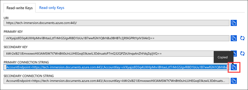 The Primary Connection String key is copied.