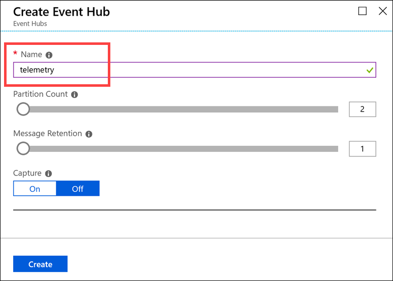 The Create Event Hub form is filled out with the previously mentioned settings entered into the appropriate fields.