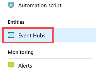 The Event Hubs link is selected in the left-hand menu.