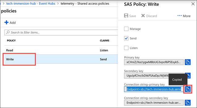 The Write policy is selected and its blade displayed. The Copy button next to the Connection string - primary key field is highlighted.