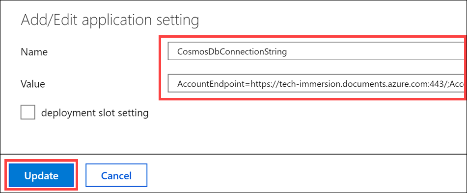 The CosmosDbConnectionString name and value pair has been added and is highlighted.