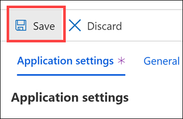 The Save button is highlighted on top of the Application settings blade.