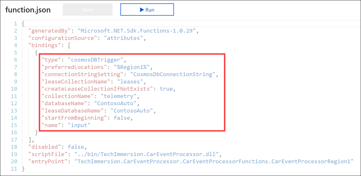 The function.json file is displayed with the bindings highlighted.