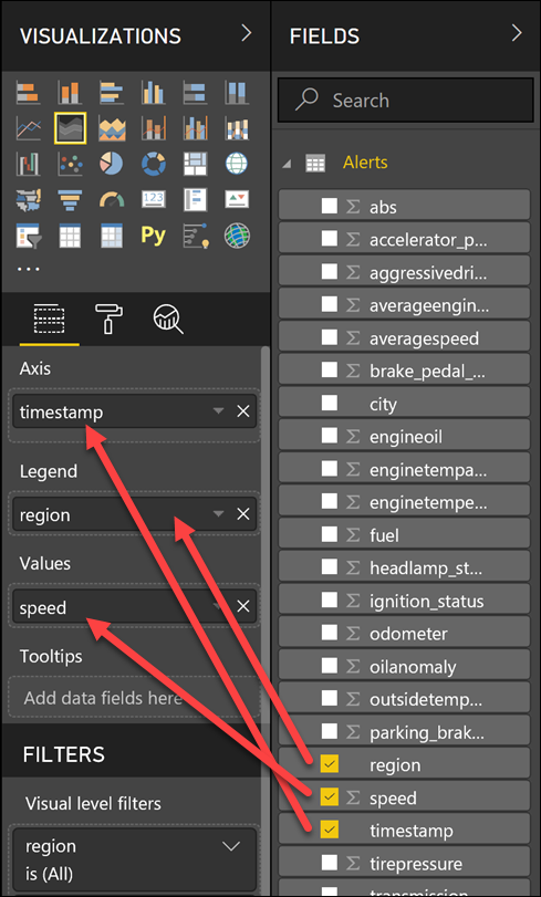 Screenshot displaying where to drag the fields onto the area chart settings.