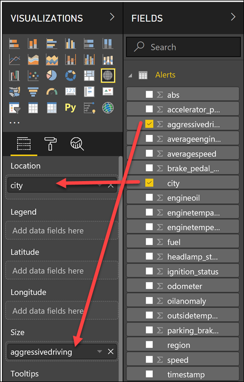 Screenshot displaying where to drag the fields onto the map settings.