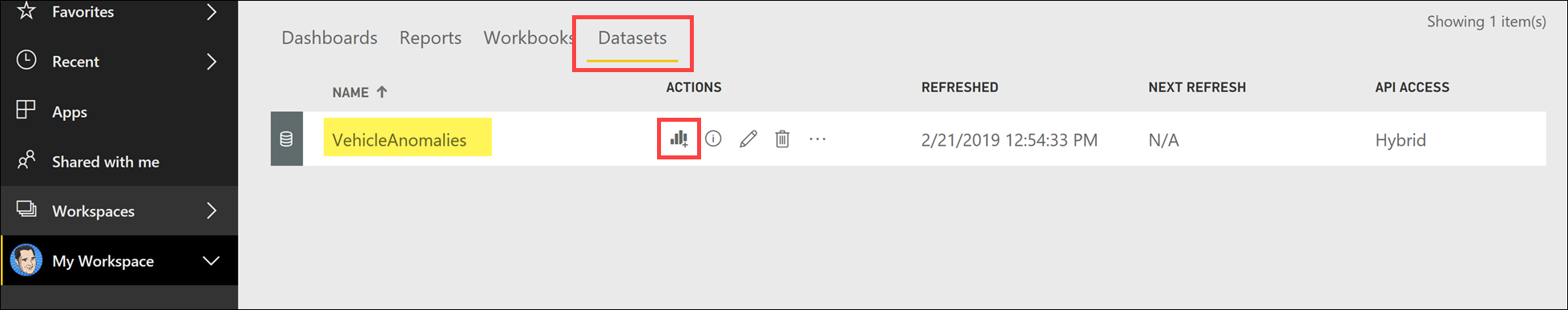 The Datasets tab is selected in My Workspace and the VehicleAnomalies dataset is highlighted.