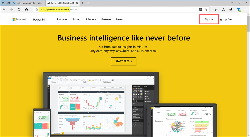 The Power BI home page is shown with the Sign in link highlighted.