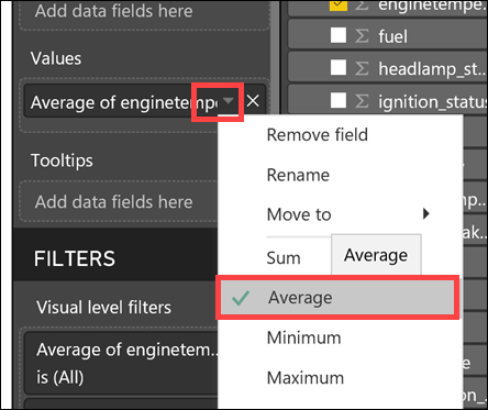 The Average menu option is highlighted for the enginetemperature value.