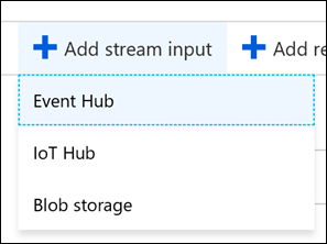 The Add stream input button and Event Hub menu item are highlighted.