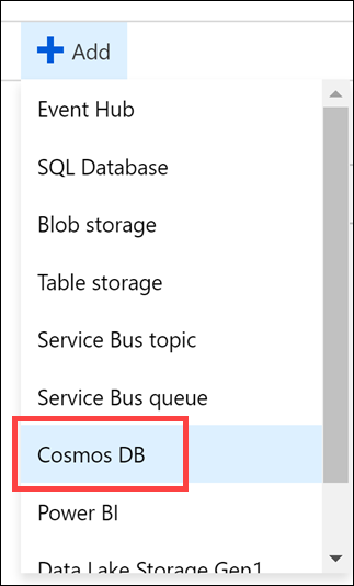 The Add button and Cosmos DB menu item are highlighted.