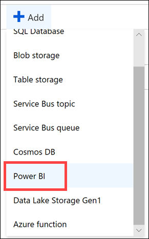 The Add button and Power BI menu item are highlighted.