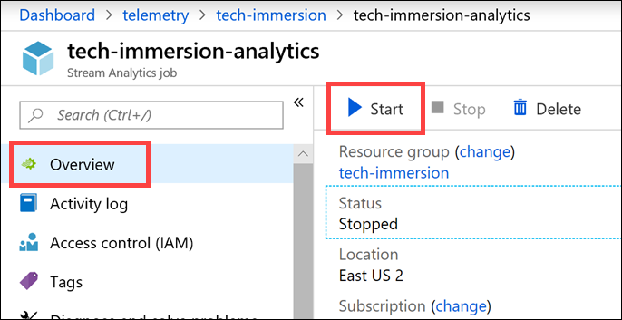 The Start button is highlighted on top of the Overview blade.