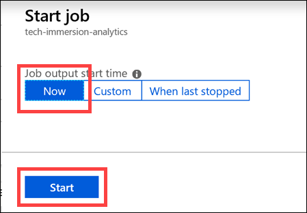 The Now and Start buttons are highlighted within the Start job blade.