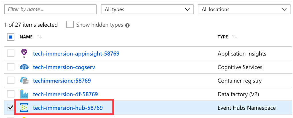 The Event Hubs Namespace is selected in the resource group.