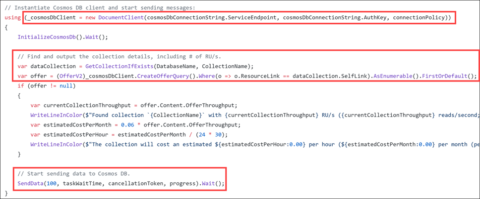 The telemetry generator code is displayed showing the Cosmos DB client instantiation.