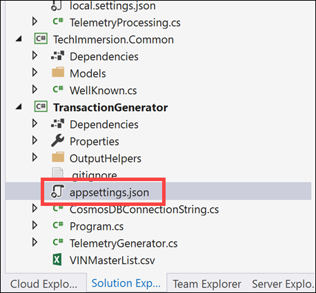 The appsettings.json file is highlighted in Solution Explorer.