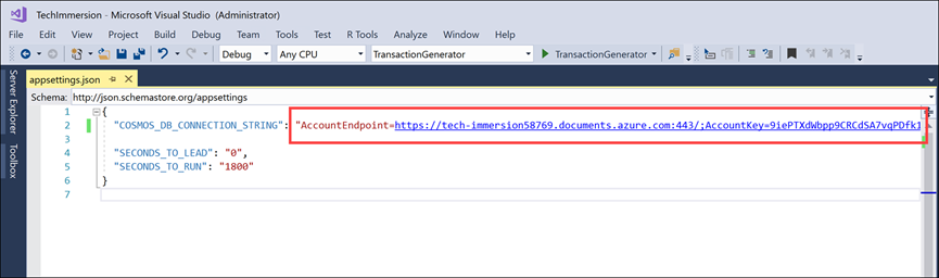 The Cosmos DB connection string is highlighted within the appsettings.json file.